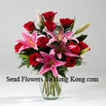 Lilies And Rose In A Vase Including Seasonal Fillers Delivered in Hong Kong
