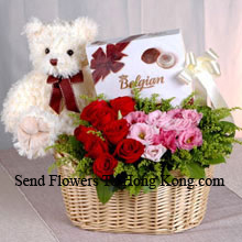 Basket Of Red And Pink Roses, A Box Of Chooclate And A Cute Teddy Bear Delivered in Hong Kong