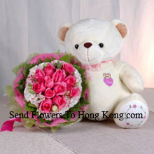 Bunch Of 12 Pink Roses And A Medium Sized Cute Teddy Bear Delivered in Hong Kong