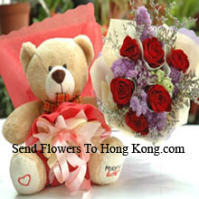 Bunch Of 6 Red Roses And A Medium Sized Cute Teddy Bear Delivered in Hong Kong