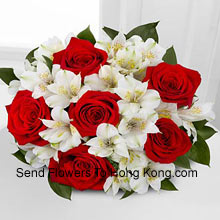 Bunch Of 6 Red Roses And Seasonal White Flowers Delivered in Hong Kong