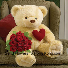 Bunch Of 12 Red Roses With A 32 Inches Tall Teddy Bear Delivered in Hong Kong