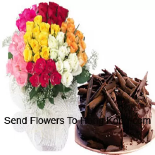 Bunch Of 15, Orange, 15 White, 15 Yellow, 15 Red, 15 Light Pink And 15 Dark Pink Roses With Seasonal Fillers Accompanied With A 1 Kg Chocolate Cake