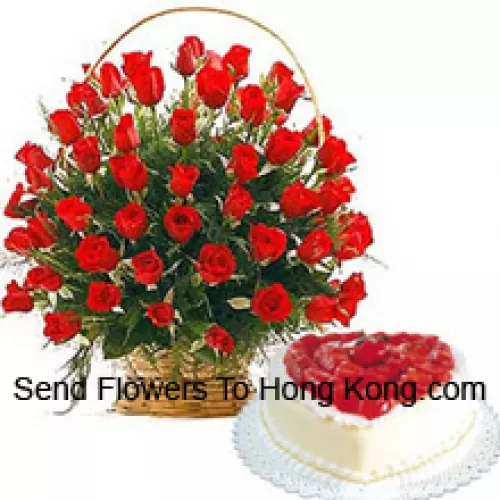 A Beautiful Basket Of 50 Red Roses With Seasonal Fillers And A 1 Kg Heart Shaped Vanilla Cake