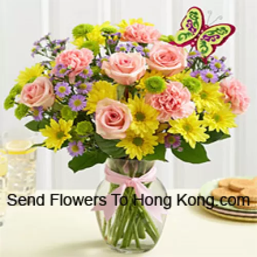 Pink Roses, Pink Carnations And Yellow Gerberas With Seasonal Fillers In A Glass Vase -- 24 Stems And Fillers