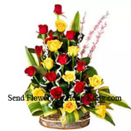Basket Of 12 Yellow and 12 Red Roses With Seasonal Fillers