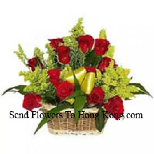 Basket Of 18 Red Roses With Seasonal Fillers