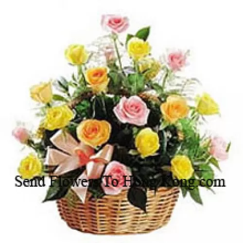 A Beautiful Basket Of 24 Mixed Colored Roses