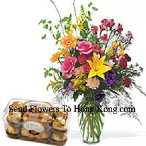 Assorted Flowers In A Vase With 16 Pcs Ferrero Rocher