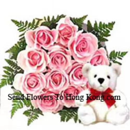 Bouquet de 12 roses roses avec un ours en peluche mignon