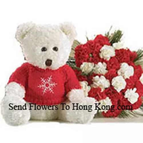 Bouquet de 24 œillets rouges et blancs avec un ours en peluche de taille moyenne mignon