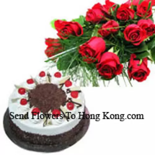 Bunch Of 12 Red Roses With 1 Kg Black Forest Cake