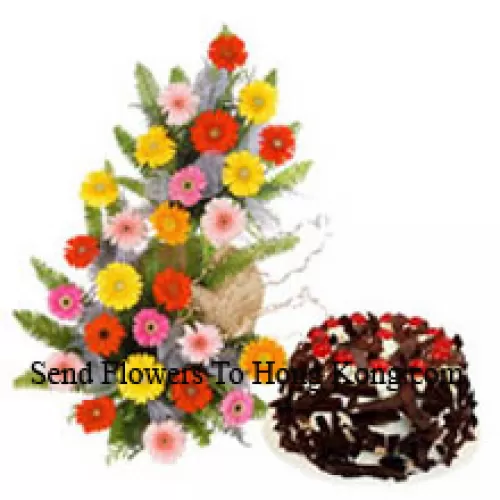 Basket Of 25 Mixed Colored Gerberas Along With 1 Kg Chocolate Crisp Cake