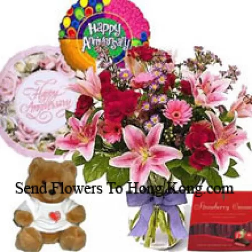 Assorted Flowers In A Vase, A Cute Teddy Bear, A Box Of Chocolate And 2 Anniversary Balloons