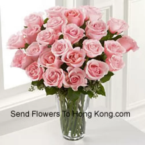 24 Pink Roses With Some Ferns In A Vase