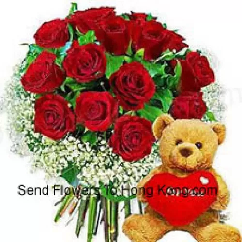 Bunch Of 12 Red Roses With Seasonal Fillers And A Cute Brown 8 Inches Teddy Bear