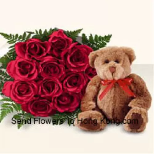 Bunch Of 12 Red Roses With A Cute Brown 8 Inches Teddy Bear