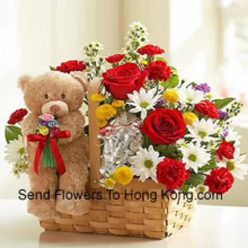 Basket Of Assorted Flowers And A Cute Brown 6 Inches Teddy Bear