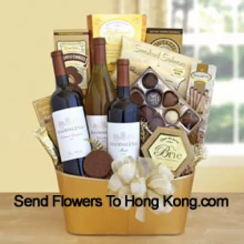This Gift Basket Includes three bottles of delectable wine – a Cabernet Sauvignon, a Chardonnay and a rich Merlot. The feast continues with smoked salmon, Primo Dolce truffle cookies, Ghirardelli Masterpiece chocolates, brie cheese, flatbread crisps, Dolcetto cookies and Almond Roca. (Contents of basket including wine may vary by season and delivery location. In case of unavailability of a certain product we will substitute the same with a product of equal or higher value)