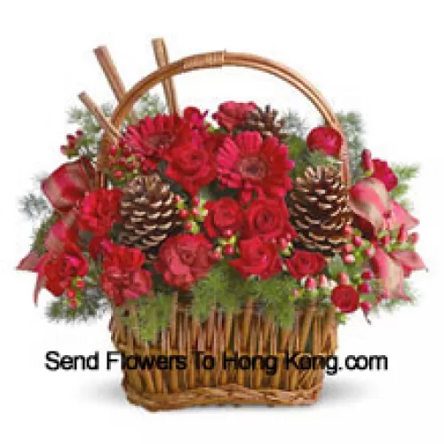 Spice up any winter occasion with this charming basket bouquet of miniature roses, carnations, gerberas, or similar festive blooms, designed in a basket with fresh evergreens, pinecones, and accents. Great for a thank you, Happy Holidays greeting, Chinese New Year wishes, or just because (Please Note That We Reserve The Right To Substitute Any Product With A Suitable Product Of Equal Value In Case Of Non-Availability Of A Certain Product)