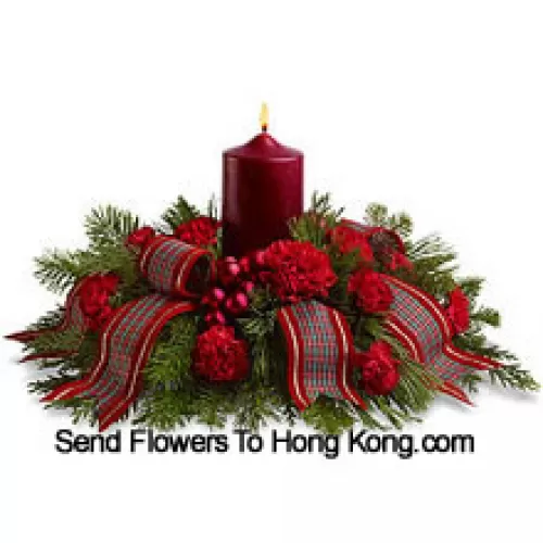 Celebrate a traditional family Chinese New Year with this wonderful holiday centerpiece. Red carnations, fragrant evergreens and shiny ornament balls surround a red pillar candle, and a fancy ribbon adds a special touch! A lovely way to light the holiday table or a pretty sideboard decoration. (Please Note That We Reserve The Right To Substitute Any Product With A Suitable Product Of Equal Value In Case Of Non-Availability Of A Certain Product)